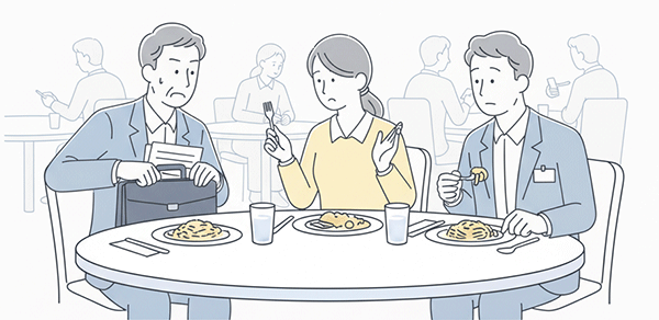 異業種交流会で食事中に自社資料を出そうとする様子