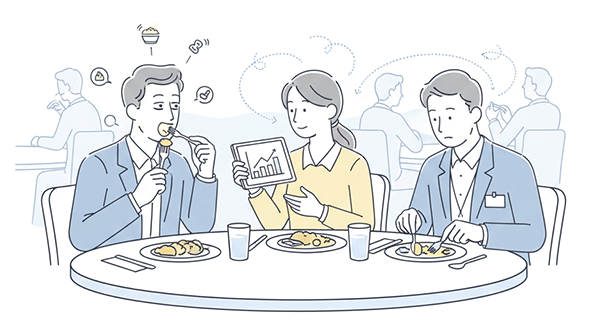 食事しながらの交流会 - ビジネスの話にいまいち集中できていない様子