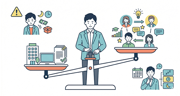  副業と本業のバランスを保ちながら人脈づくりをしている社会人のイラスト