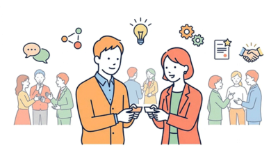 Doomoの交流会でビジネスマッチングにつながる出会いが生まれるイメージ