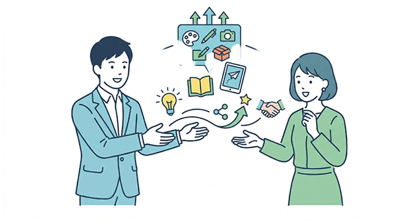 副業の人脈づくりで自分から価値を提供している社会人のイラスト