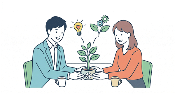 副業の人脈を丁寧に育てている社会人二人のイラスト