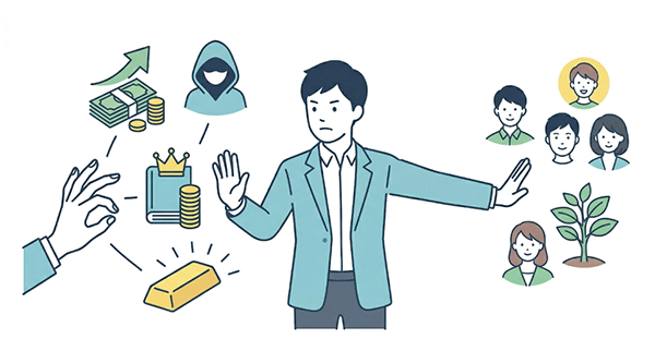 副業の人脈づくりで怪しい勧誘に警戒している社会人のイラスト