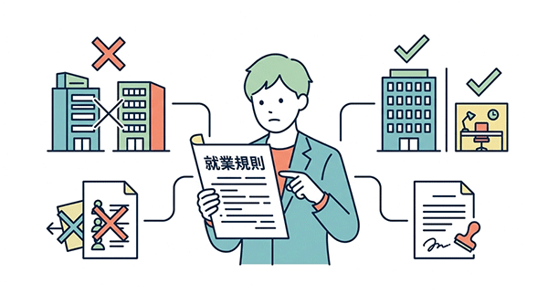 副業の競業避止義務や就業規則を確認している社会人のイラスト