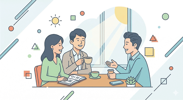 カフェで少人数がカジュアルに会話している朝活の雰囲気