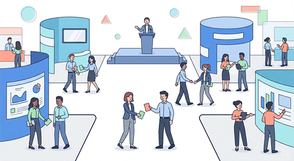 ビジネス展示会の会場で出展者と来場者が情報交換している様子