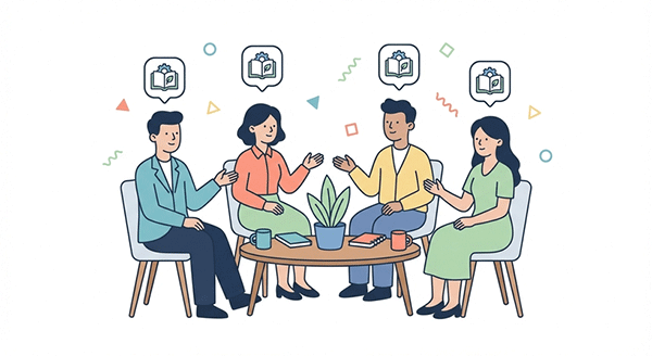 テーマ別の交流会で同業種の参加者が会話している様子