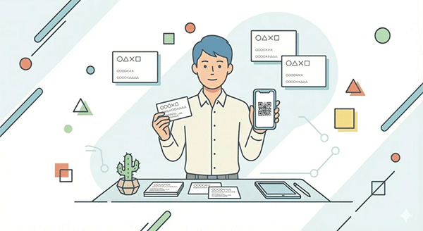 名刺とスマホのQRコード画面を交流会の前に準備している様子