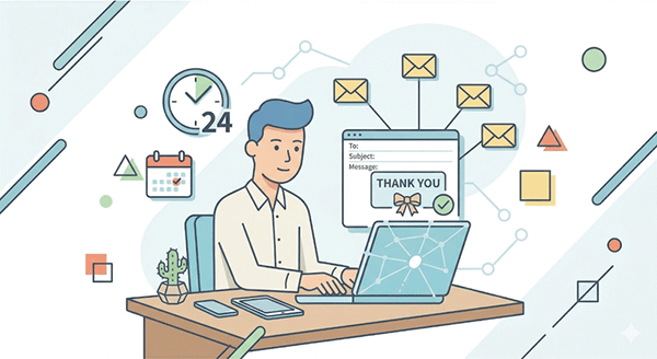 交流会の翌日にノートPCでお礼メールを書いている場面