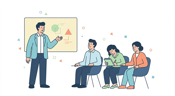 セミナー終了後に参加者同士が名刺交換をしている場面