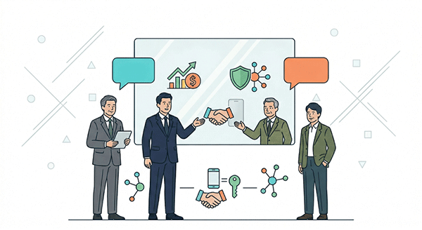 経営者交流会で名刺交換し人脈を広げる様子