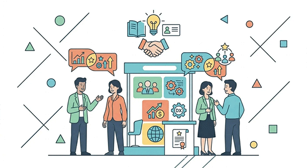 展示会で関心の近い経営者が情報交換する場面