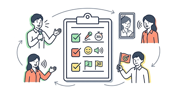 交流会の参加前に自己紹介や名刺を準備しているイメージのイラスト