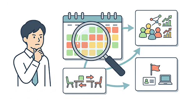 少人数の着席式ビジネス交流会でグループ歓談をしている様子のイラスト