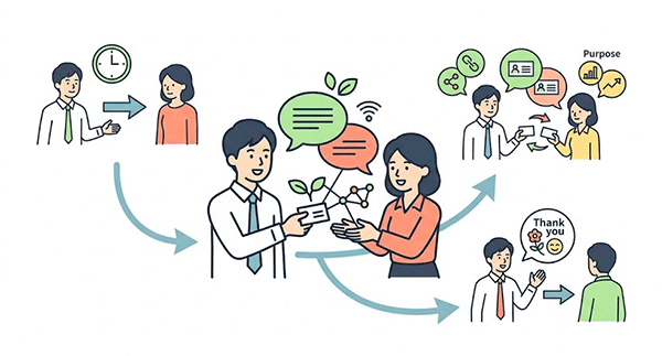 交流会で初対面の相手に名刺交換をしながら話しかけている場面のイラスト