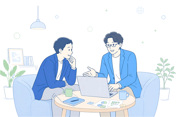経営者が経営の悩みをコンサルタントと一緒に考えている場面
