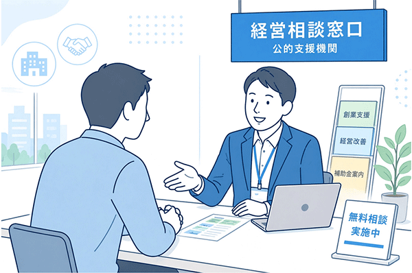 経営者が公的支援機関の窓口で無料相談を受けている場面