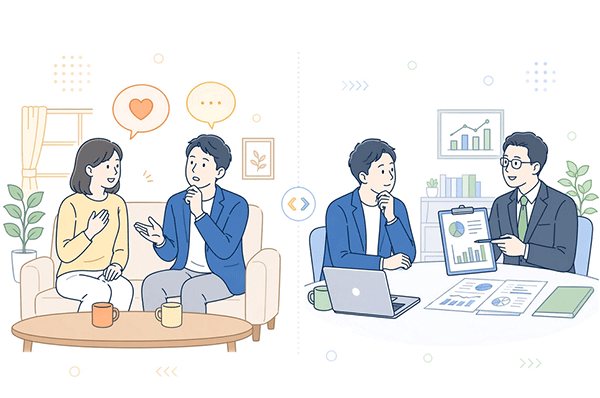 経営者が家族に悩みを相談する場面と専門家に相談する場面の対比