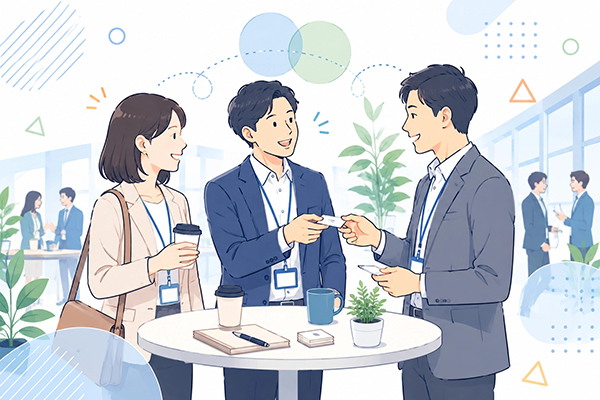 初対面のビジネス相手とアイスブレイクで関係を築く場面