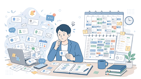 人間関係のメンテナンスやスケジュール調整に取り組む様子