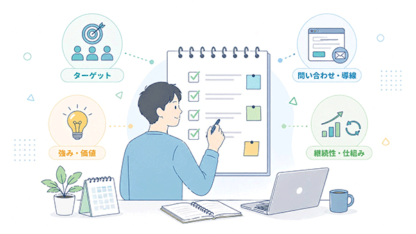 個人事業主がターゲットや強みをノートに整理して集客の土台を作る場面