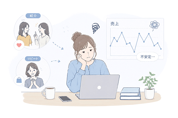 紹介頼みの集客で売上が不安定になっているイメージ