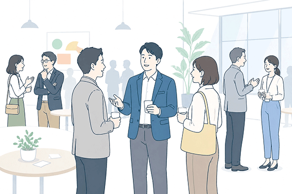 交流会で同じ立場の経営者と話しているイメージ