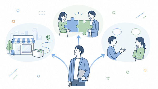 個人事業主や中小企業がビジネスマッチングで取引先を探しているイメージ