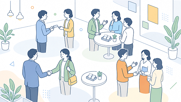 Doomoの交流会でビジネスマッチングにつながる出会いが生まれるイメージ