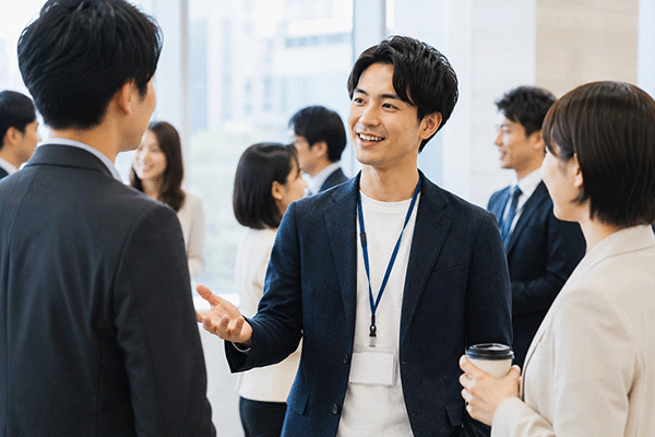 対面の交流イベントで前向きに人脈作りに取り組む人物イメージ