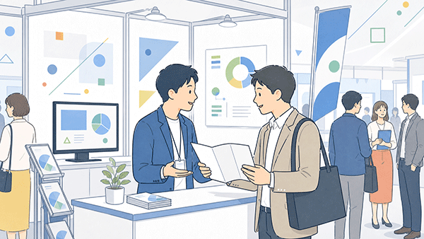 展示会で関心の近い経営者が情報交換する場面