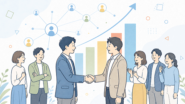 経営者同士の人脈から商談や提携の話が広がる場面
