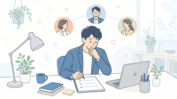 経営者が交流会前に会いたい相手を考えて準備する様子