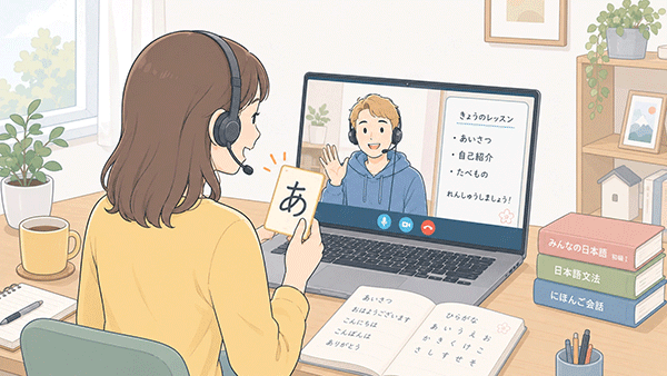 オンラインで外国人に日本語を教える副業レッスンの場面
