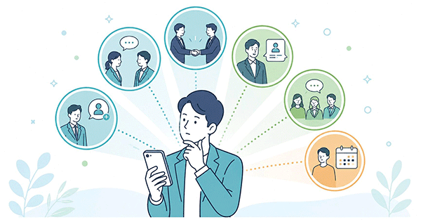 スマホに表示された6つのアプリを比較検討する人物
